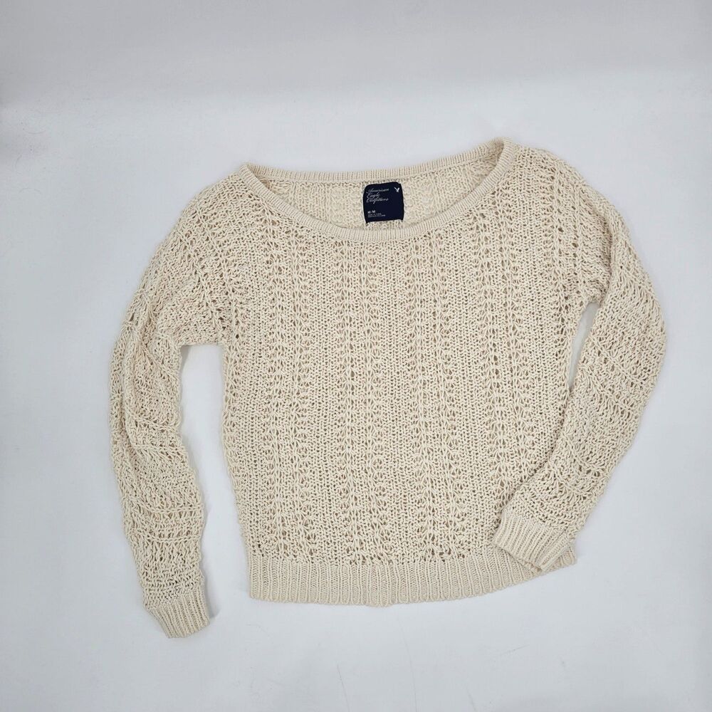 Vintage Y2K American Eagle Outfitters Open-knit Cream Scoop-neck Sweater Size M